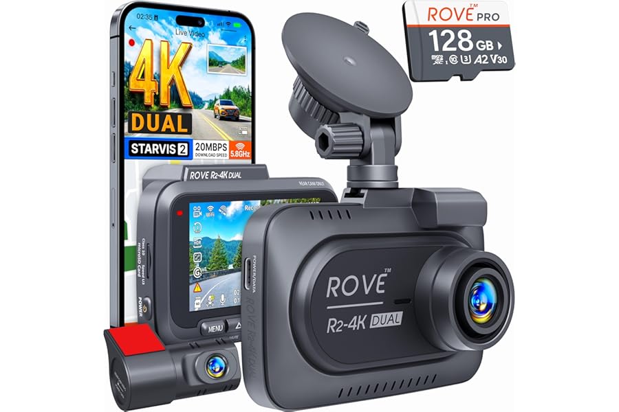 ROVE R2-4K DUAL Dash Cam Front and Rear, STARVIS 2 Sensor, FREE 128GB Card Included, 5G WiFi - up to 20MB/s Fastest Download