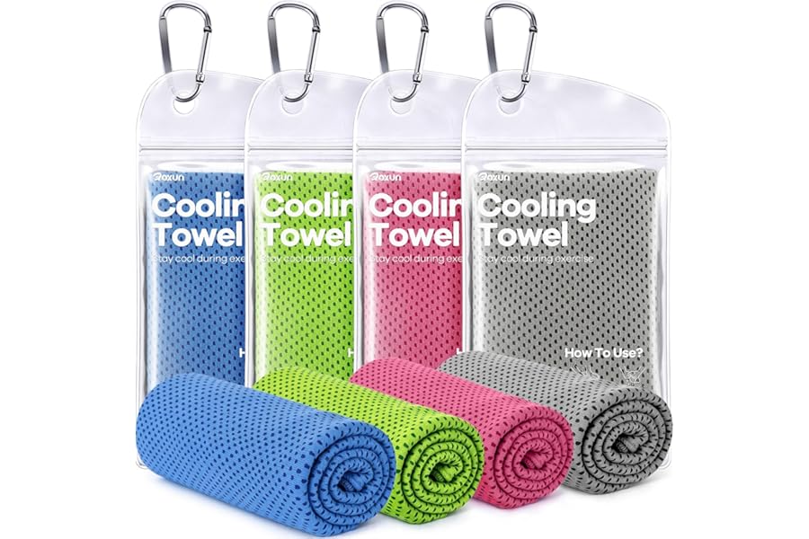 ROXUN 4 Pack Cooling Towels, 40''x12'' Soft Breathable Chilly Neck Ice Towel for Workout Running Golf Gray+Blue+Pink+Green