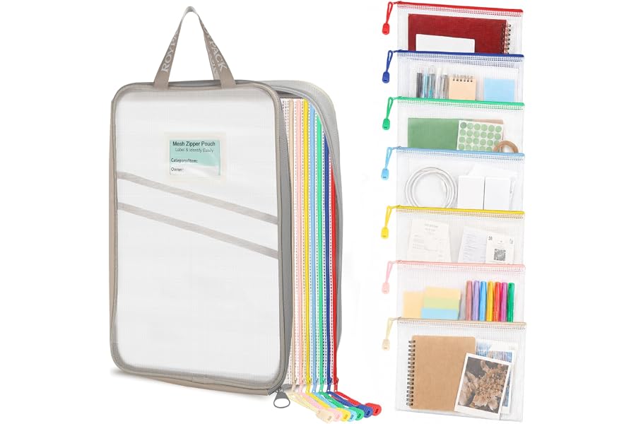 ROYPACK 7 Pack PVC Mesh Zipper Pouch Set with 1 Organizer Bag A4/Letter Size Translucent File Bags Water-Resistant Plastic Document Pouches for Office College School & Travel Supplies (8pcs)
