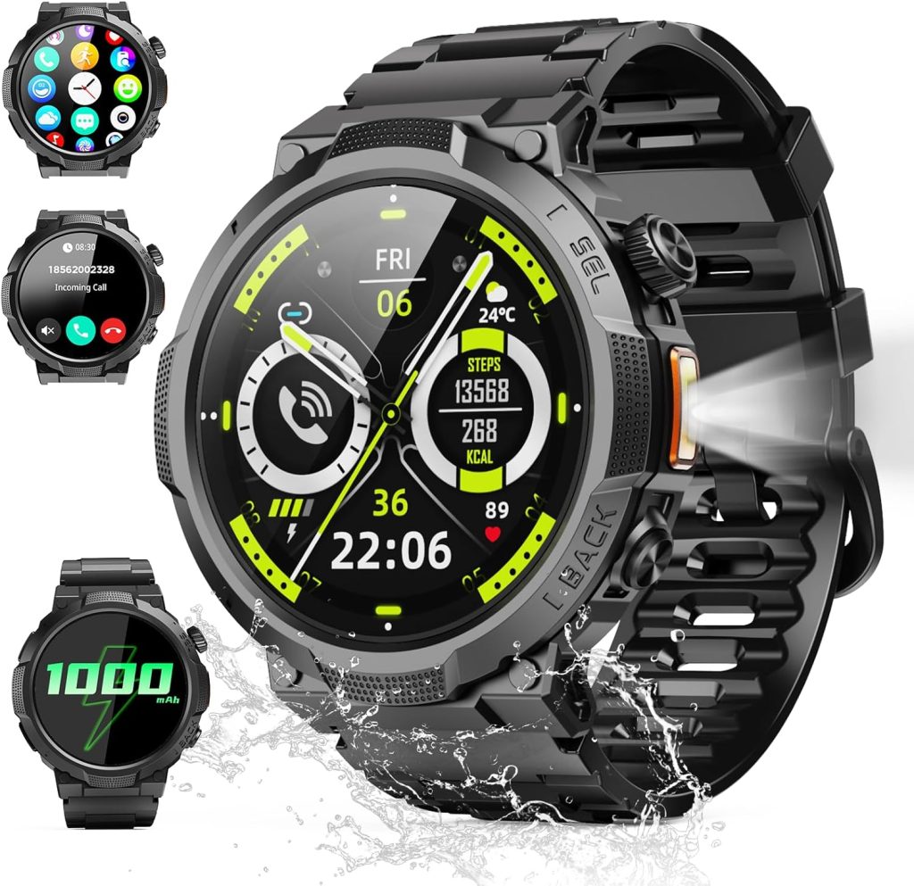 Reloj Inteligente Hombre con Linterna, 1.53'' Militar Smartwatch con Batería de 1000mAh, IP68 Reloj Deportivo con Llamadas Bluetooth/Monitor de Sueño/Pulsómetro, 100+Modos Deportivos para Android iOS