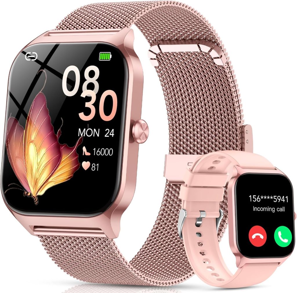 Reloj Inteligente Mujer con Llamadas Bluetooth y Asistente IA, Whatsapp Notificaciones,1.85" HD Smartwatch Mujer con SpO2/Pulsómetro/Monitor de Sueño,120+ Modos Deportes para iPhone Android,2 Correas