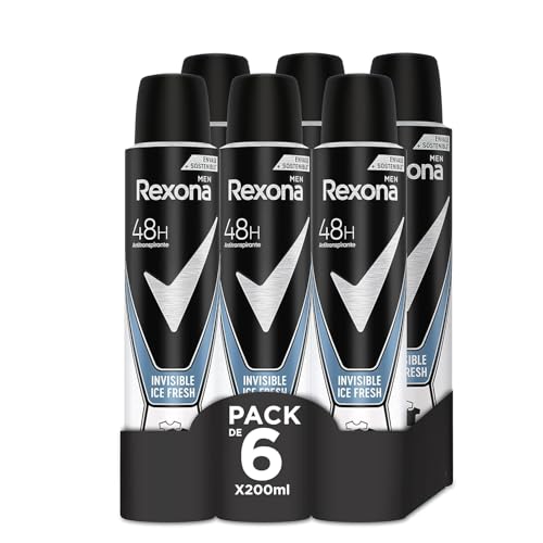 Rexona Invisible Desodorante Aerosol Antitranspirante para hombre Ice 200ml - Pack de 6, El embalaje puede variar