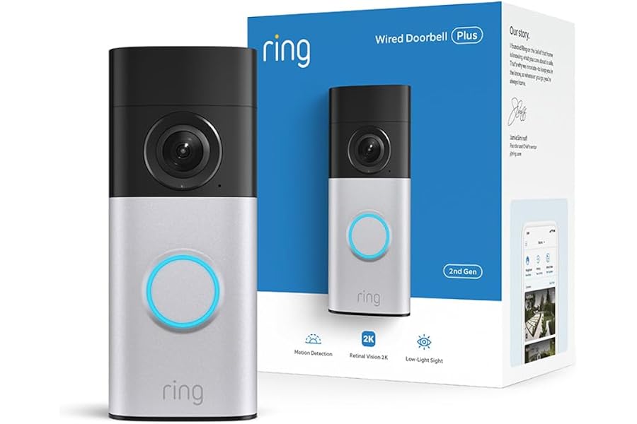 Ring Wired Doorbell Plus (newest model), Home or business security, Retinal 2K with wide-angle video, 4x Enhanced Zoom, and Low-Light Sight, Nickel Silver