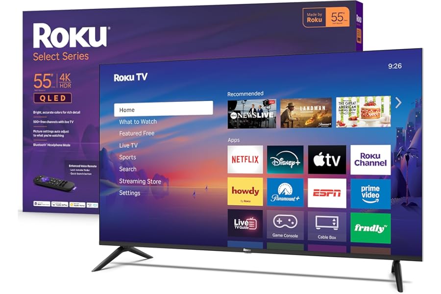 Roku Smart TV 2026 – 55-Inch Select Series, 4K QLED TV – Roku TV with Voice Remote – Flat Screen QLED Television with Wi-Fi f