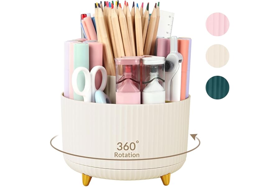 SKYDUE 360 Rotating Plastic Desk Pen Organizer with 5 Slots, Dual-Purpose Art Supply Pencil Cup for Office, School, Home