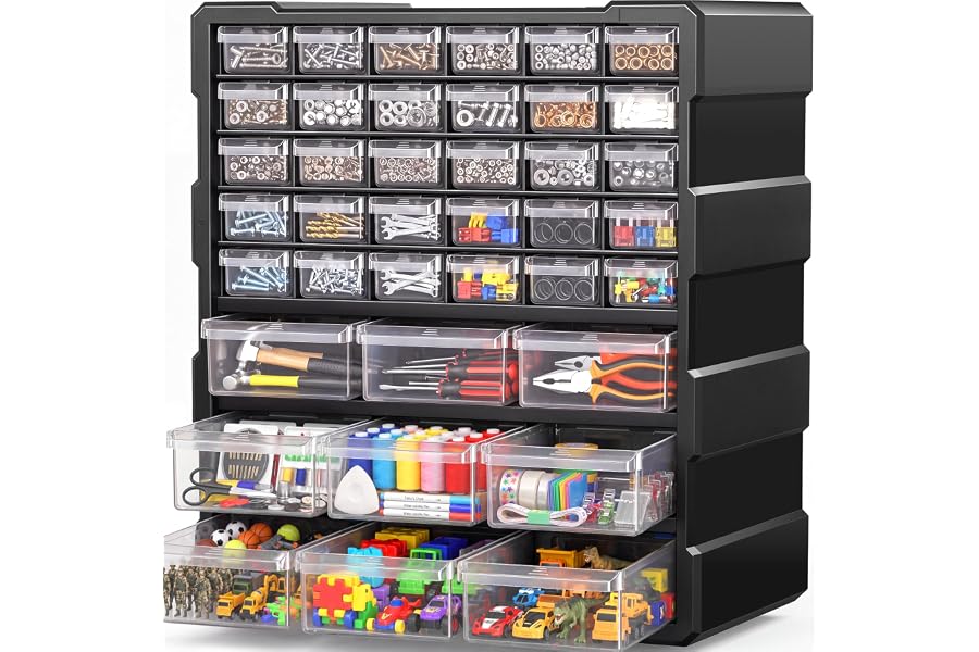 SSRTK Drawer Organizer for Garage Building Bricks Storage,Thicker Craft Organizers Storage with Dividers Labels for Hardware,Screws,Nuts Bolts,Teacher Toolbox,Charms,Beads,Craft,Scrapbook