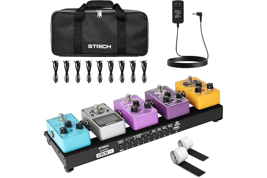STRICH Pedal Board with Built-in Power Supply, Small Guitar Pedalboard 15" x 5.1" 1.3LB Lightweight Aluminum Alloy with Pedal Cables, Bag, Hook Loop Strips MINI 15