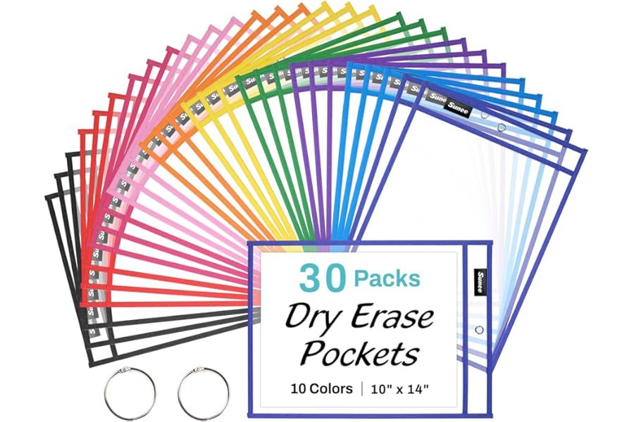 SUNEE 30 Packs Oversized Reusable Dry Erase Pocket Sleeves with 2 Rings, 10 Assorted Colors 10x14 Ticket Holders, Clear Plastic Sheet Protectors, Teacher School Classroom Supplies