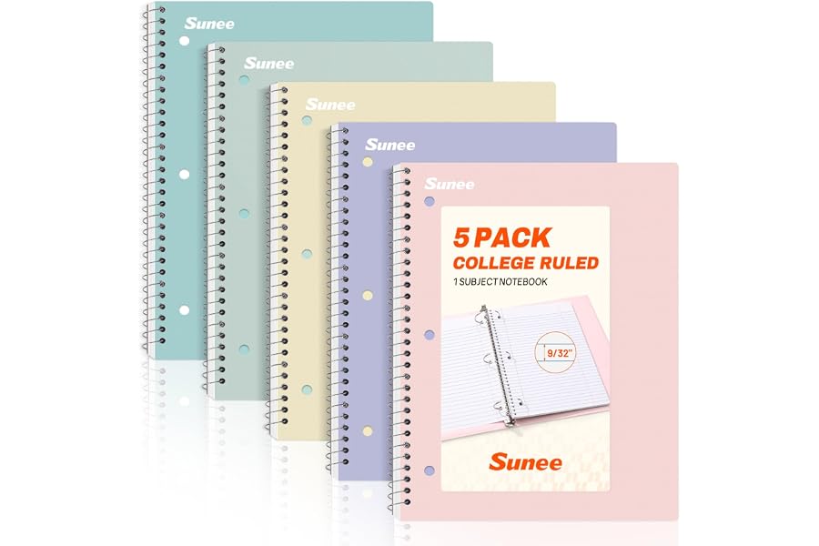 SUNEE Spiral Notebooks, 1-Subject, 5 Pack, College Ruled Paper, 8" x 10-1/2", 70 Sheets per Notebook,3-Hole Punched Paper, Pi