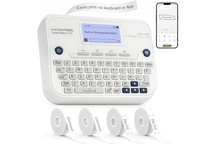 SUPVAN E12 Bluetooth Label Maker Machine with 4 Tapes, Support Keyboard & App with 30+ Fonts and 660+ Icons, Rechargeable Inkless Labeler for Office, Home, Kitchen, School, Organization, White