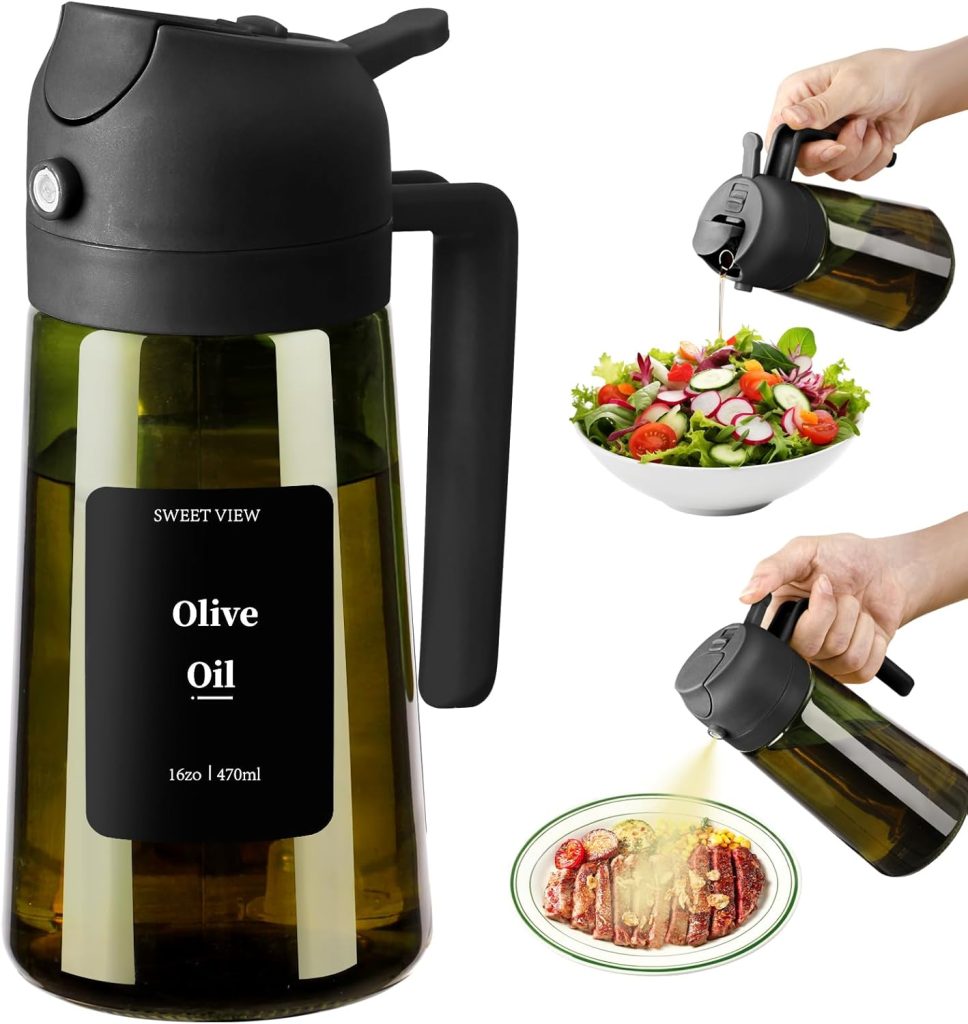 SWEET VIEW Aceitera Spray Pulverizador y Dispensador Aceite, vertedor de aceite de vidrio a prueba de luz de 470 ml para cocina, freidora de aire, cocina, ensalada y barbacoa