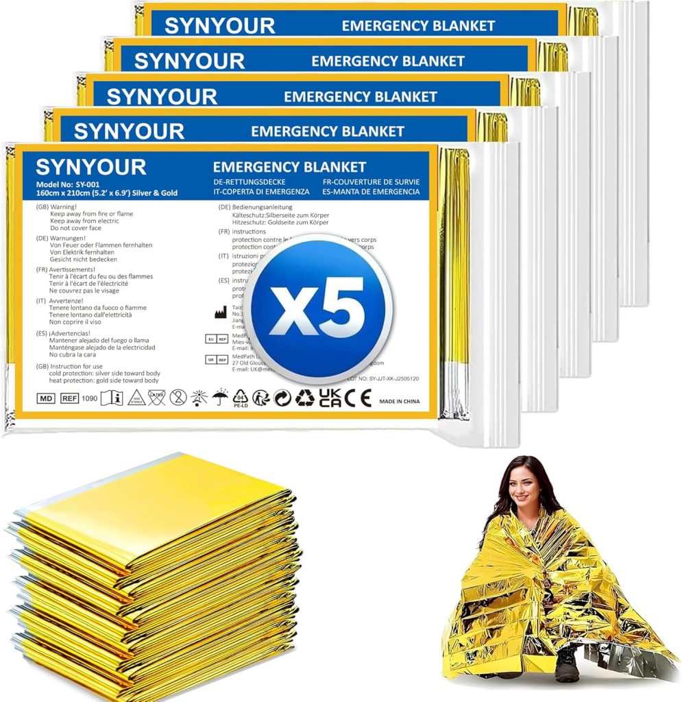 SYNYOUR Couverture de Survie 5 Pièces, Couverture Survie Réutilisable, Or Argenté, 210×160cm, pour Randonnée Survie Premiers Secours Marathons Voiture, Robuste Indéchirable Imperméable