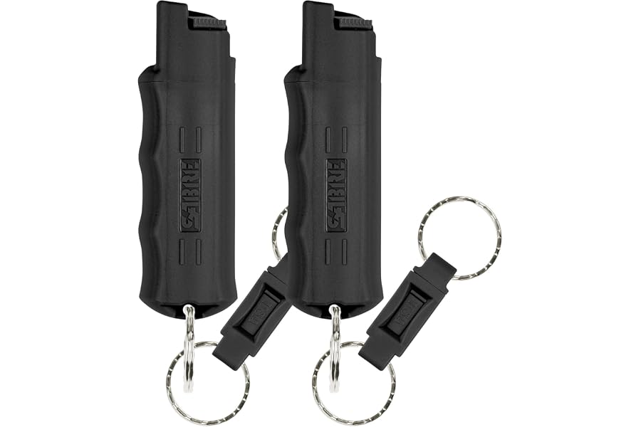 Sabre Pepper Spray with Quick Release Keychain for Self Defense – Maximum Police Strength OC Spray with UV Marking Dye, Twist Lock Safety, Finger Grip, 10‑Second Spray, 14‑ft Range, Made in USA