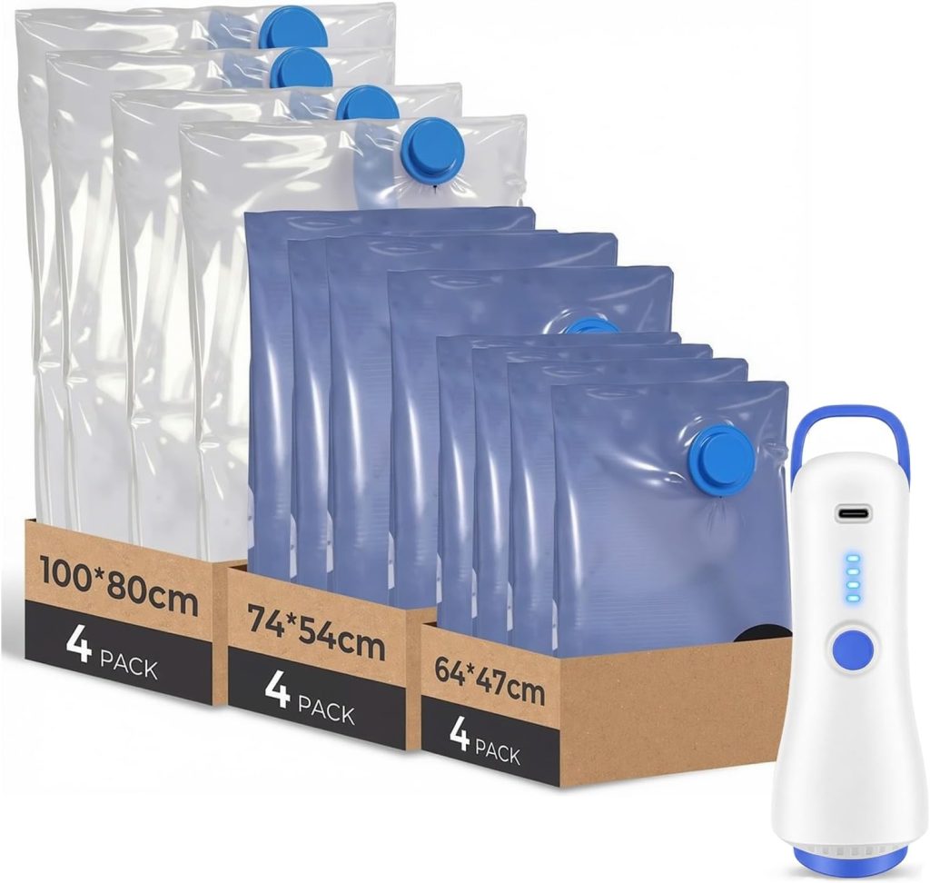 Sac sous Vide Vetement Aspirateur avec Pompe Électrique, 12 Sac de Rangement sous Vide (4 * 100x80cm, 4 * 74x54cm, 4 * 64x47cm), Sac sous Vide Voyage, Déménagement, Rangement