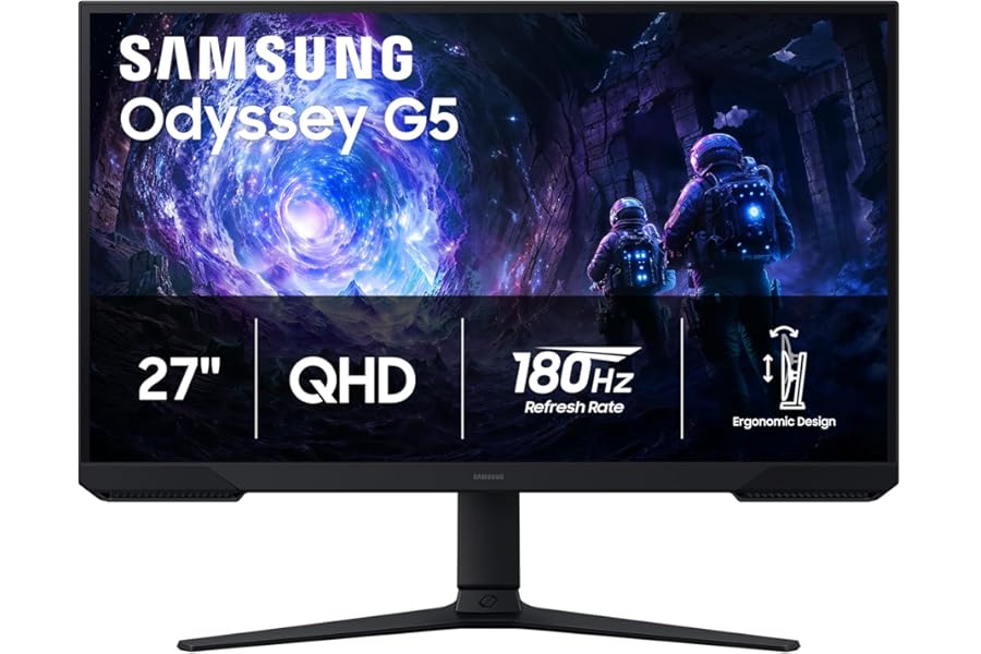 Samsung 27" Odyssey G5 (G51F) Gaming Monitor - QHD (1440P), 180Hz, 1ms, AMD FreeSync, HDR10, Height Adjustable Stand, Black Equalizer, Virtual Aim Point, Auto Source Switch+, LS27FG512ENXZA