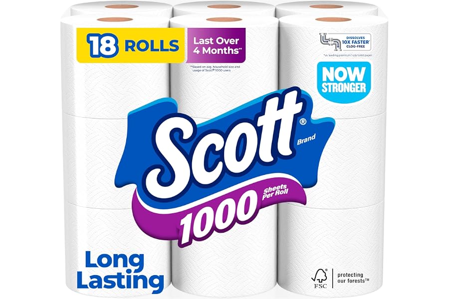 Scott 1000 Toilet Paper, 18 Rolls, Septic-Safe, 1-Ply Toilet Tissue
