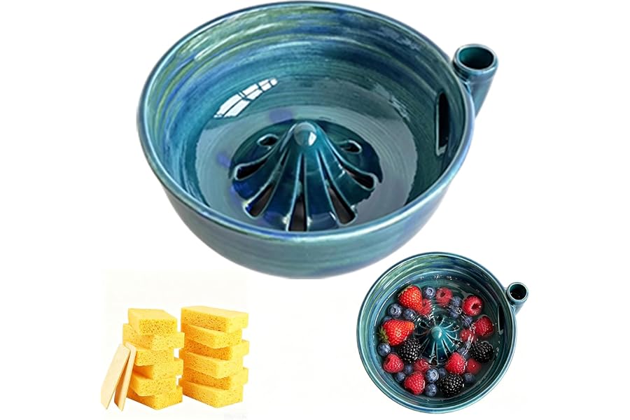 Self Rinsing Berry Washing Ceramic Bowl, Pale Blue, 7'' | Ceramic Berry Basket with Holes, Stoneware Fruit Rinse Bowl, 10pcs Compressed Cellulose Sponges, For Kitchen Counter