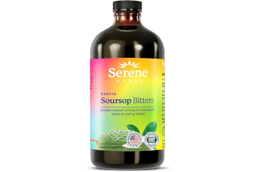Serene Herbs Soursop Bitters Liquid with Soursop Leaves for Gut Cleanse, Detox & Immune Boost with Black Seed, Moringa, Irish Moss, Ashwaganda, Turmeric, 16 fl oz (16 Fl, Soursop)