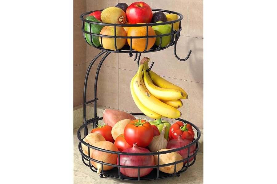 Sevenblue 2 Tier Modern Fruit Basket for Kitchen Counter with 2 Banana Hook | Space-Saving Vertical Storage for Veggies, Brea