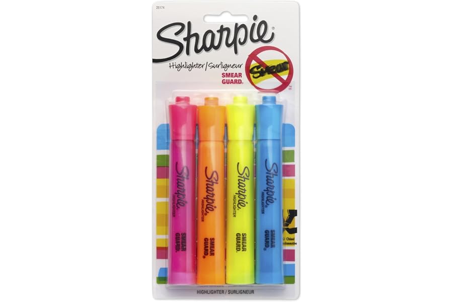 Sharpie Accent Tank-Style Highlighters, Assorted Colors, 4 Count - Back to School, Desk Supplies
