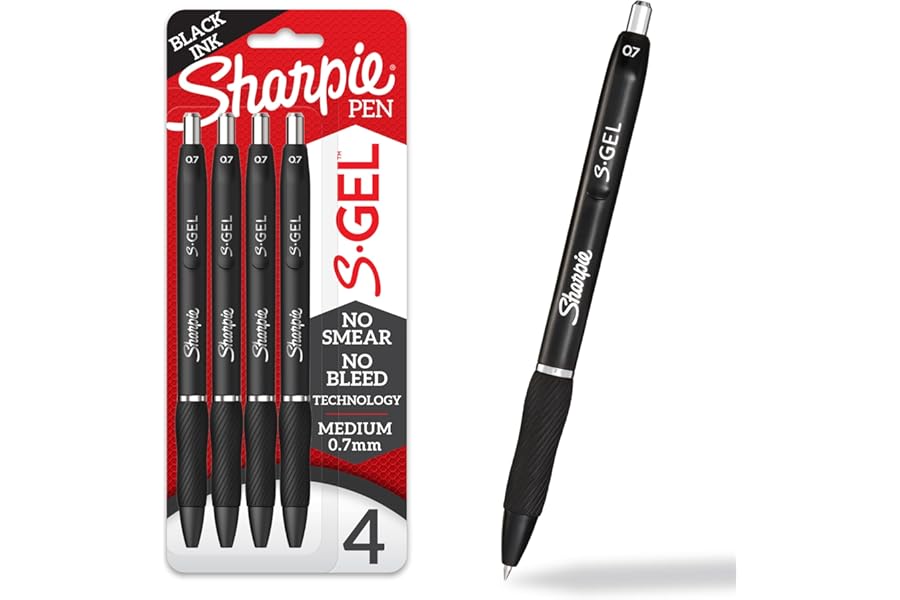 Sharpie S-Gel Pens, Medium Point (0.7mm), Black Ink, 4 Count - Ideal for Writing, Journaling, Drawing, Coloring, Note-Taking, College Supplies