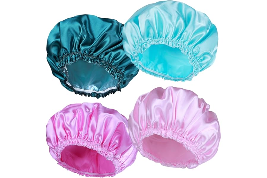 Shower Caps for Women, 4 PCS Elastic and Reusable Bath Caps, Double Waterproof Layers Shower Cap, Bathing Shower Caps, Environmental Protection Hair Bath Hat - Solid Color