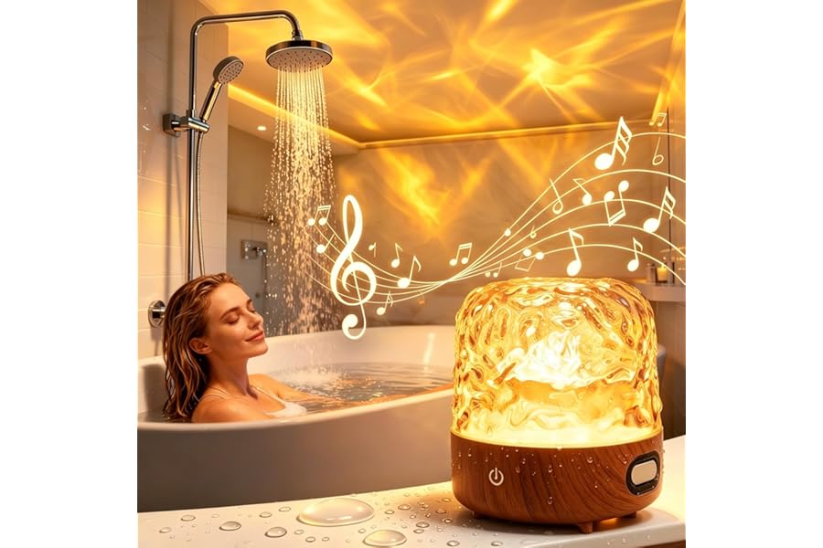 Shower Light with Bluetooth Speaker, Waterproof Shower Lamp with White Noise, 16 Colors Ocean Wave Projector Light with Remot