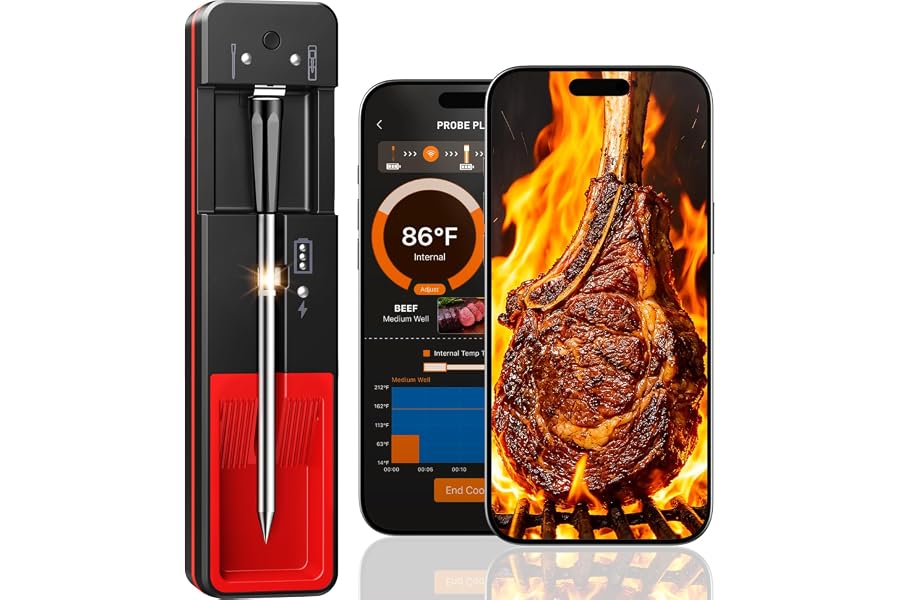 Smart Bluetooth Wireless Meat Thermometer Digital, 6 Accuracy Sensors, 0.5S Instant Read Food Thermometer, 2-in-1 100H Batter
