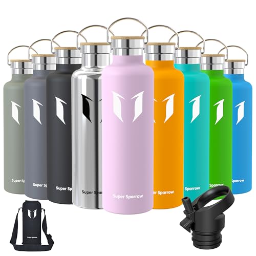 Sparrow Botella Agua Acero Inoxidable 1L - Botella Termica con Pajita | Sin BPA & Fugas, Lavavajillas, Deporte, Gimnasio, TwistTrail Cantimplora Termica Tapa Pajita, Tapa Asa & Funda