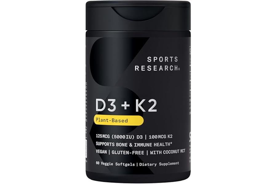 Sports Research® Vegan Vitamin D3 + K2 w/Coconut Oil, 60 Count Plantgels™ | Plant-Based Vitamin D 5000iu/125mcg & Soy-Free Vi