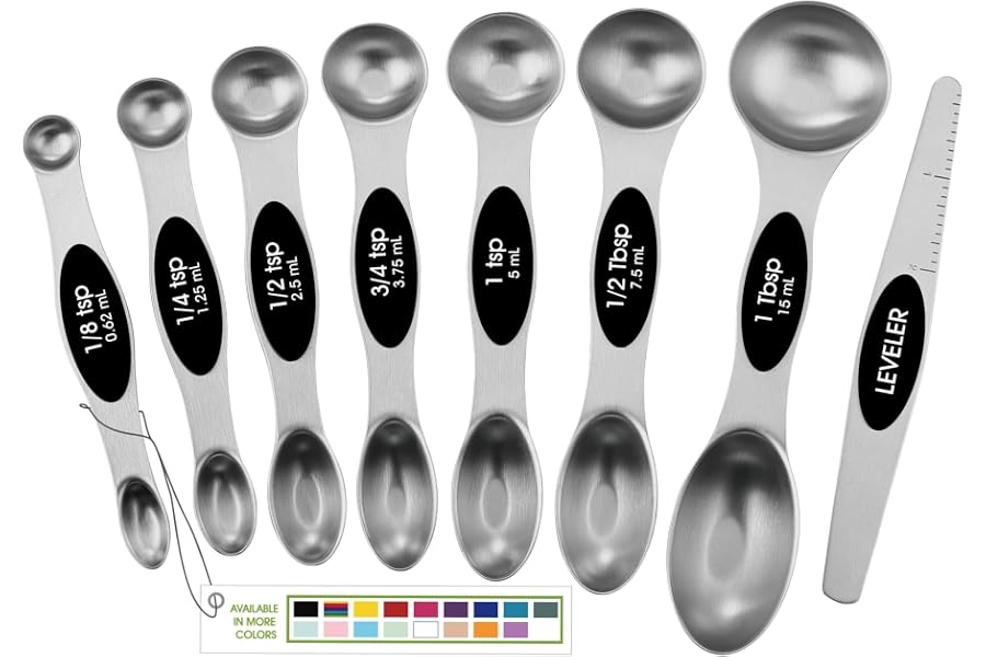 Spring Chef Stainless Steel Magnetic Measuring Spoons Set of 8, Black | Dual Sided Metal Teaspoon & Tablespoon Measuring Spoo
