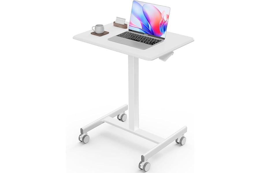 Sweetcrispy Mobile Rolling Desk, Small Standing Desk with Wheels | Adjustable Height Sit Stand Table, Portable Computer Workstations for Home Office, White