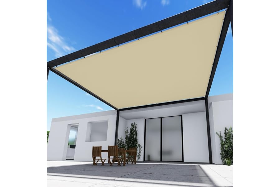 TANG 20' x 20' Waterproof Shade Cloth with Grommets, Sun Shade Sail Rectangle Straight Side, 260 GSM UV Block Fabric Patio Canopy for Deck Carport Backyard Pergola Cover, Beige
