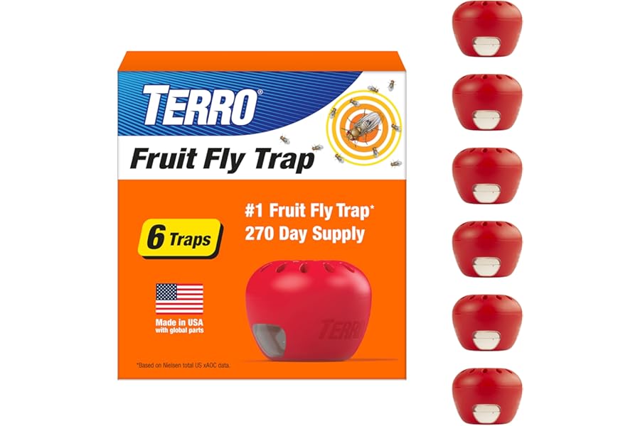 TERRO Fruit Fly Trap 6-Pack Indoor Fly Traps with 270 Days Lure Supply - Apple-Shaped Design for Kitchen Counters, Fruit Bowls, Trash Cans and Indoor Pest Control, T2503-3