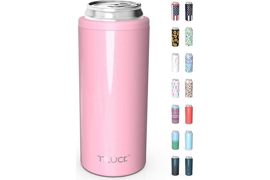 TILUCK Skinny Can Cooler for Slim Beer & Hard Seltzer, Stainless Steel, Doucle-Walled Stainless Steel Insulated Slim Cans, Standard 12 oz (Glitter Blush)