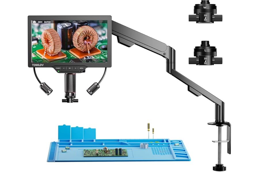 TOMLOV 3D Digital Soldering Microscope: Magnetic Dual Lens Micro Scope TM3K-3D Max For Adult, Coin Microscope with Flex Arm, 3K 10.1-Inch IPS Screen, HDMI/USB Output, Gooseneck Light, Repair Mat, 16GB