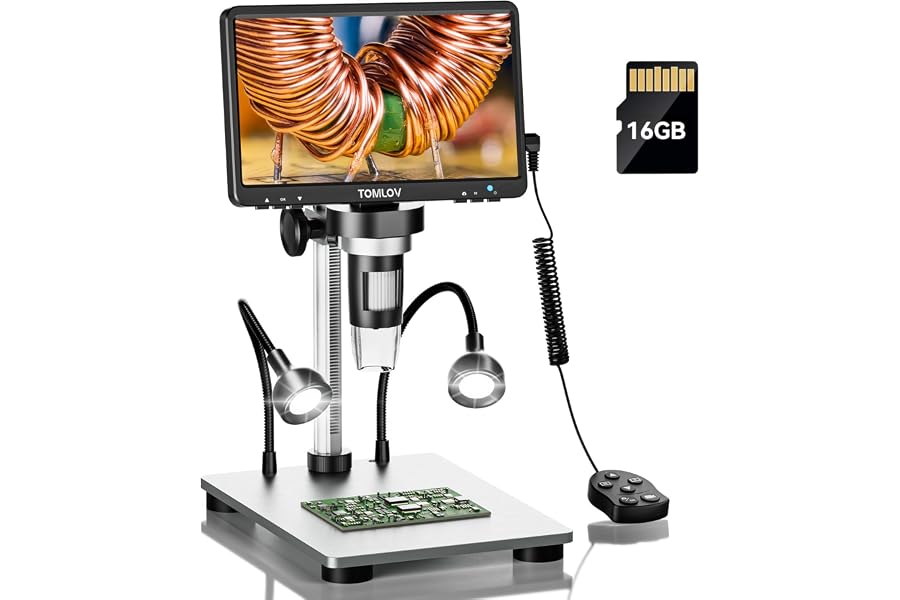 TOMLOV DM9 7" Digital Microscope: 1080P 1200X Coin Microscope Magnifier, 12MP Ultra-Precise Focusing LCD Soldering Microscopes for Adults, PC View, 16GB