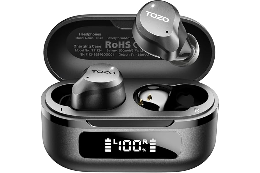TOZO NC9 Hybrid Active Noise Cancelling Wireless Earbuds, 60H, LED Display | 6 Mic ENC Clear Calls, Deep Bass Sound, IPX8 Wat