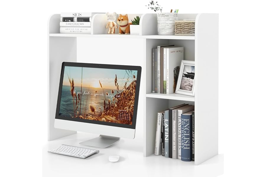 Tangkula Desktop Bookshelf, Countertop Storage Hutch with 5 Shelves for Computer Desk, Desk 3-Tier Display Rack, Multipurpose Wood Desktop Hutch Storage Organizer for Dorm Office Home