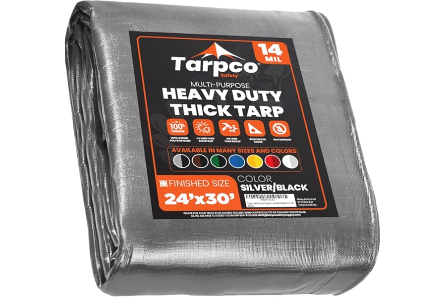 Tarpco Safety Extra Heavy Duty 14 Mil Tarp Cover, Waterproof, UV Resistant, Rip and Tear Proof, Poly Tarpaulin with Reinforced Edges for Roof, Camping, Patio, Pool, Boat (Silver/Black 24′ X 30′)