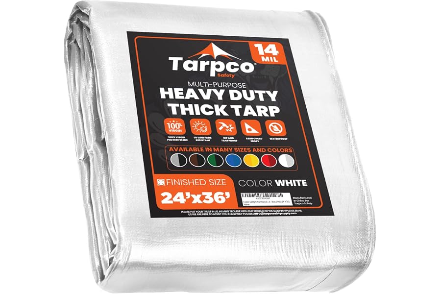 Tarpco Safety Extra Heavy Duty 14 Mil Tarp Cover, Waterproof, UV Resistant, Rip and Tear Proof, Poly Tarpaulin with Reinforced Edges for Roof, Camping, Patio, Pool, Boat (White 24′ X 36′)