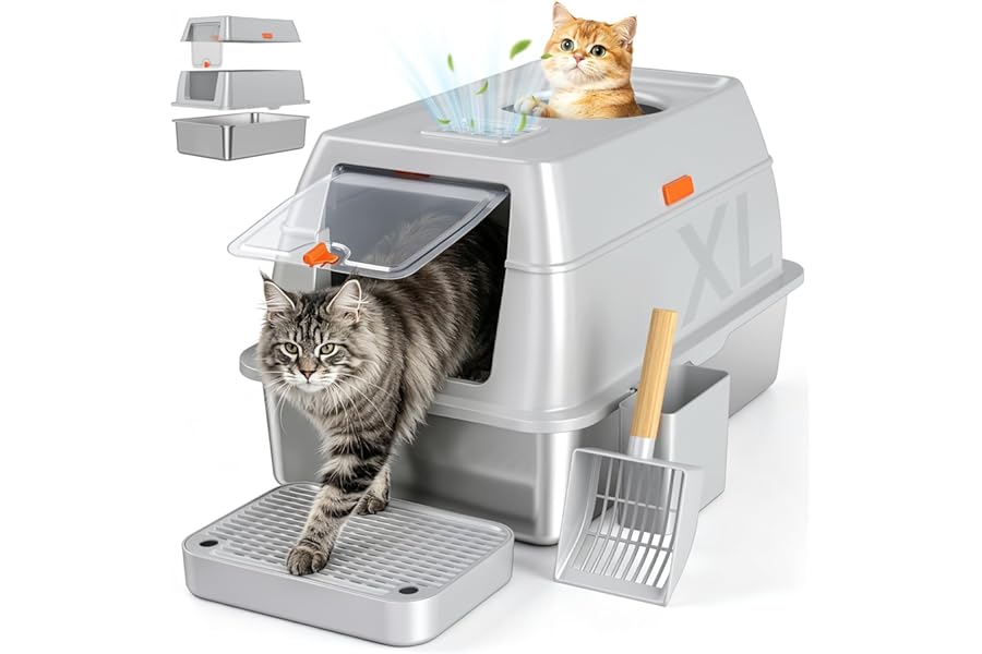 Tevila XL Enclosed Stainless Steel Litter Box with Lid, Light Gray | covered, High Sided, Rustproof & Leak Proof, Easy Clean, Odor Control, Includes Scoop & Step