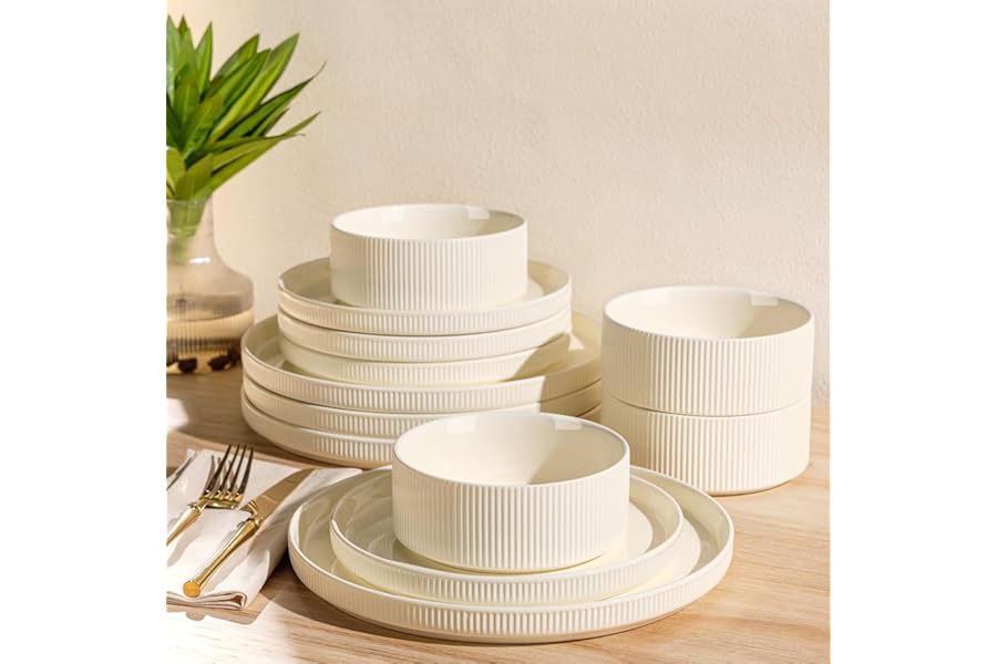 TheTerra Ceramic Dinnerware Sets for 4, 12 Pieces Porcelain Lightweight Plates and Bowls Sets, Scratch Resistant Dish Set, Oven & Microwave & Dishwasher Safe, Beige
