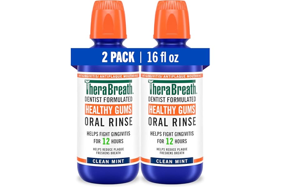TheraBreath Healthy Gums Oral Rinse, Antigingivitis, Clean Mint Flavor, Dentist Formulated to Help Prevent Gingivitis and Support Gum Health, Alcohol Free, 16 Fl Oz (Pack of 2)