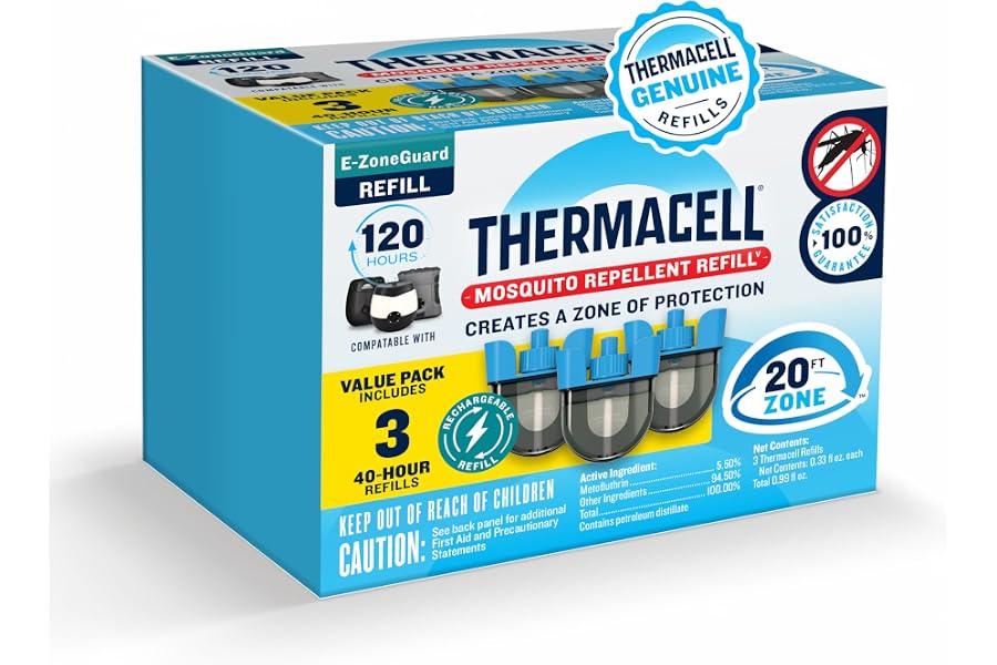 Thermacell E-ZoneGuard Mosquito Repellent Refill, 120-Hr Value Pack | 20-FT Zone; 3x 40Hr Refill Cartidges; Rechargeable; Outdoor Patio Shield; Bug Spray Alternative; Scent Free; DEET-Free