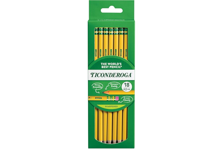 Ticonderoga Wood-Cased Pencils, Pre-Sharpened, #2 HB Soft, Yellow, 18 Count