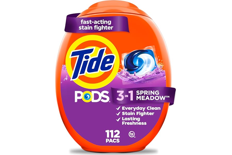 Tide PODS laundry detergent pacs, 3-in-1 Stain Remover, Odor Fighter, Color Protector, 112 Count, HE compatible, Spring Meadow Scent