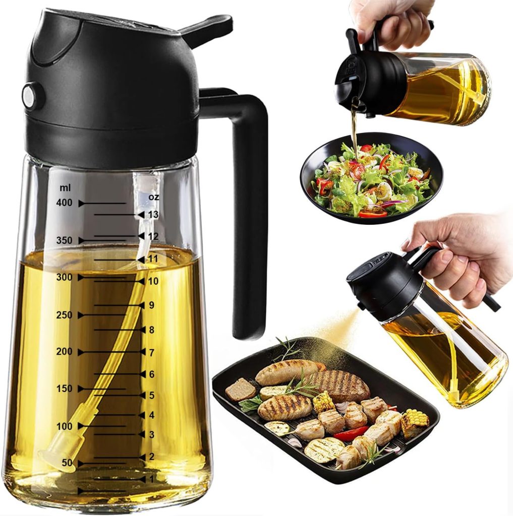 TrendPlain Pulverizador Aceite Spray 470ml - 2 en 1 Spray Aceite Cocina, Dispensadora para Freidora de Aire, Ensaladas, Vinagre y Accesorios Cocina (1 unidad, Negro)