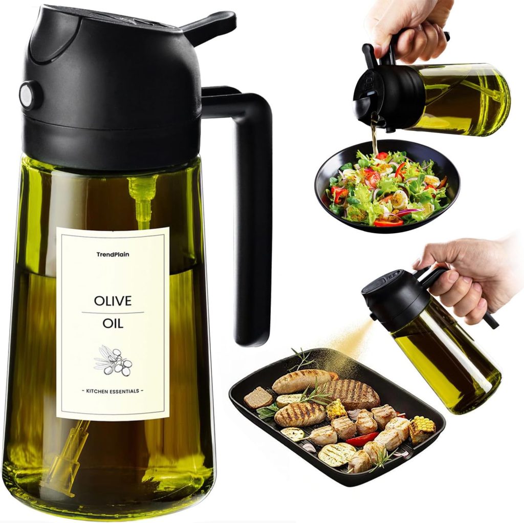 TrendPlain Spray Huile Cuisine 470ml – Vaporisateur Huile Air Fryer 2-en-1 pour Cuisson, Salades, Vinaigre et Accessoire Cuisine (1 pièce, Noir-1)