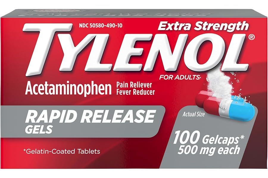 Tylenol Rapid Release Extra Strength Gelcaps, Acetaminophen 500 mg per Gel, Laser Drilled Holes Allow Fast, Strong Pain Relief, Fever Reducer, Gentle on Stomach, 100 Count Size